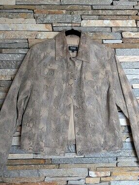 Genuine Leather Snake-Print Button-Front Jean Jacket - Brown